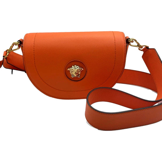 Versace Half-Moon La Medusa Vitello Leather Orange Crossbody Handbag available at Queen Bee of Beverly Hills