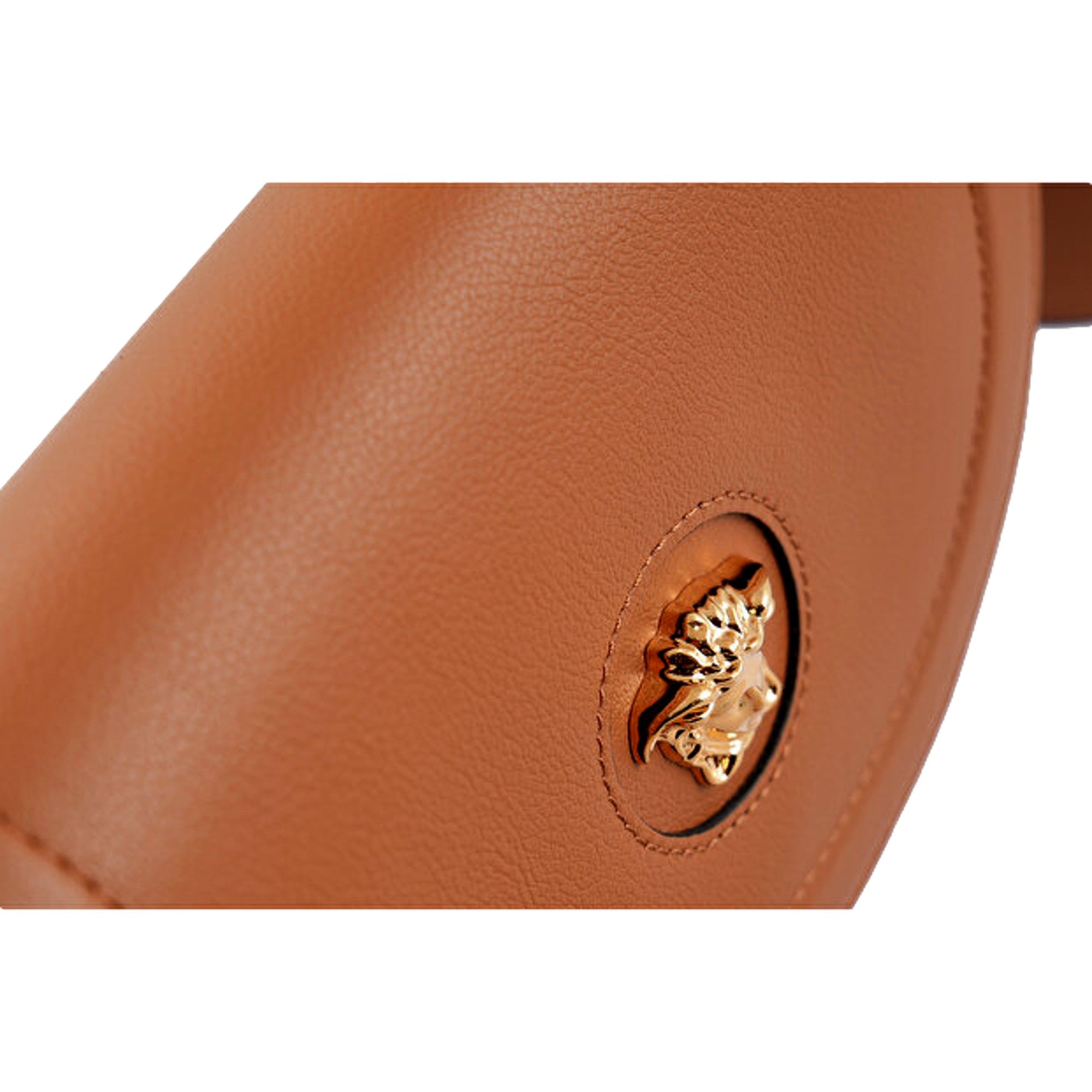 Versace Half-Moon La Medusa Vitello Leather Summer Nude Brown Crossbody Handbag available at Queen Bee of Beverly Hills