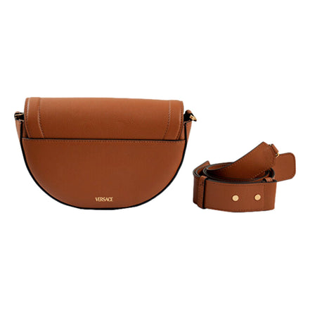 Versace Half-Moon La Medusa Vitello Leather Summer Nude Brown Crossbody Handbag available at Queen Bee of Beverly Hills