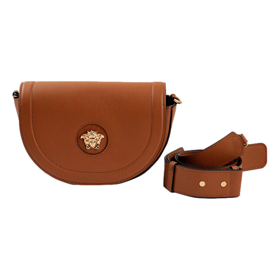 Versace Half-Moon La Medusa Vitello Leather Summer Nude Brown Crossbody Handbag available at Queen Bee of Beverly Hills