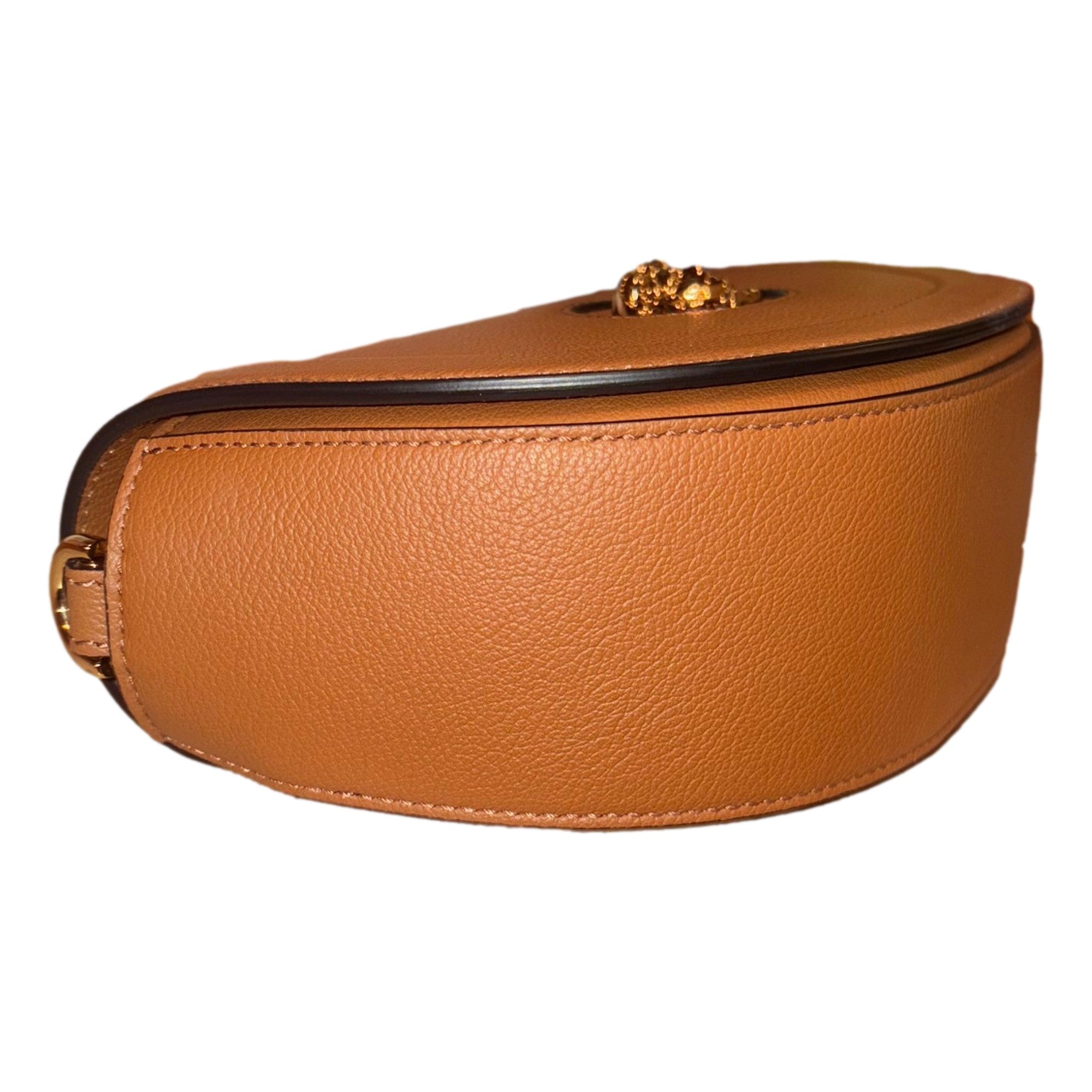 Versace Half-Moon La Medusa Vitello Leather Summer Nude Brown Crossbody Handbag available at Queen Bee of Beverly Hills
