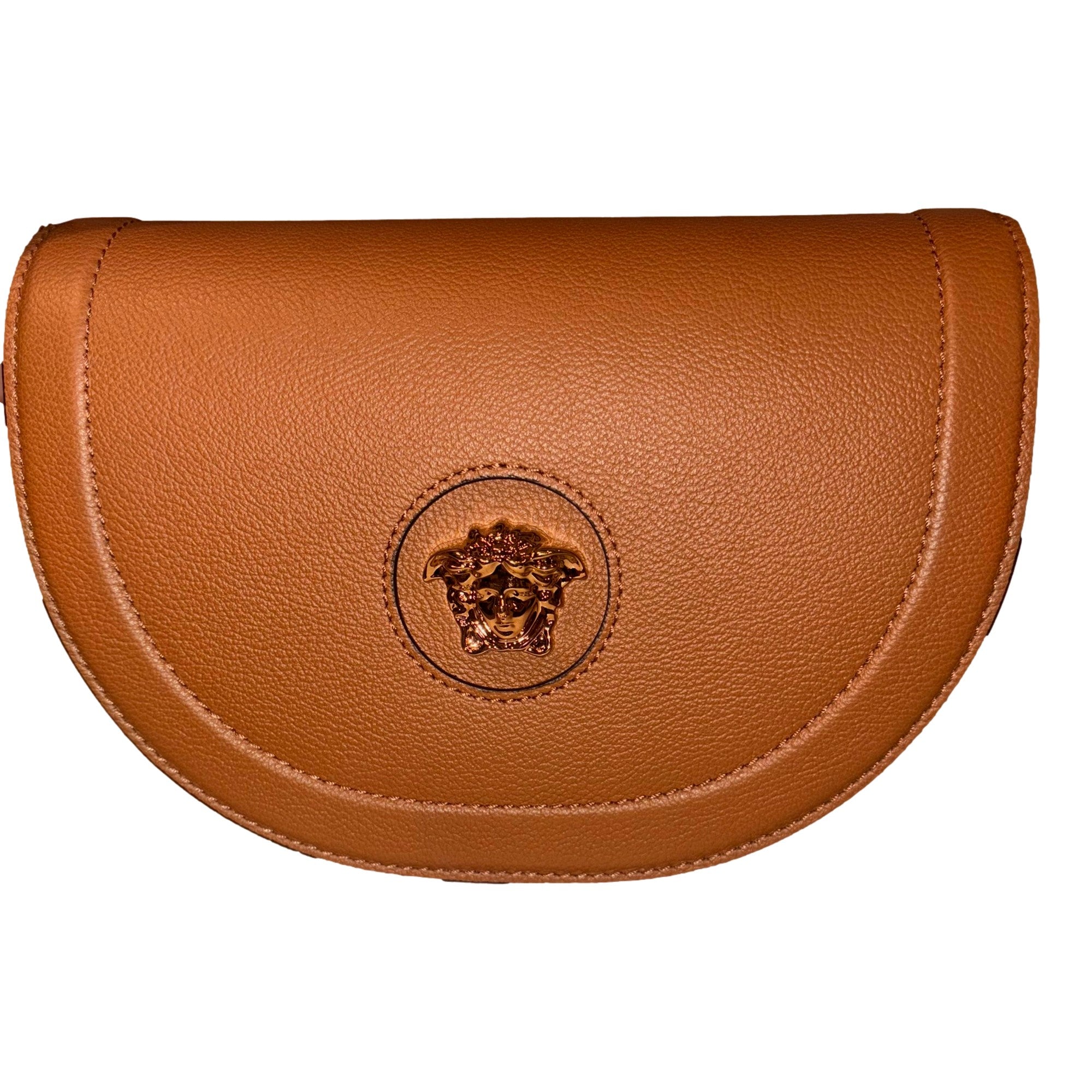 Versace Half-Moon La Medusa Vitello Leather Summer Nude Brown Crossbody Handbag available at Queen Bee of Beverly Hills
