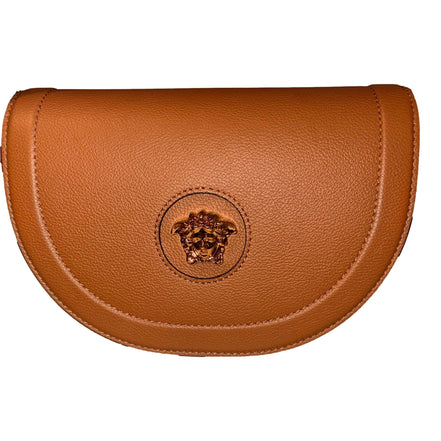 Versace Half-Moon La Medusa Vitello Leather Summer Nude Brown Crossbody Handbag available at Queen Bee of Beverly Hills