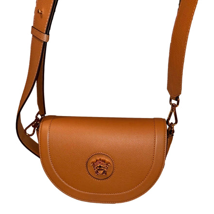 Versace Half-Moon La Medusa Vitello Leather Summer Nude Brown Crossbody Handbag available at Queen Bee of Beverly Hills