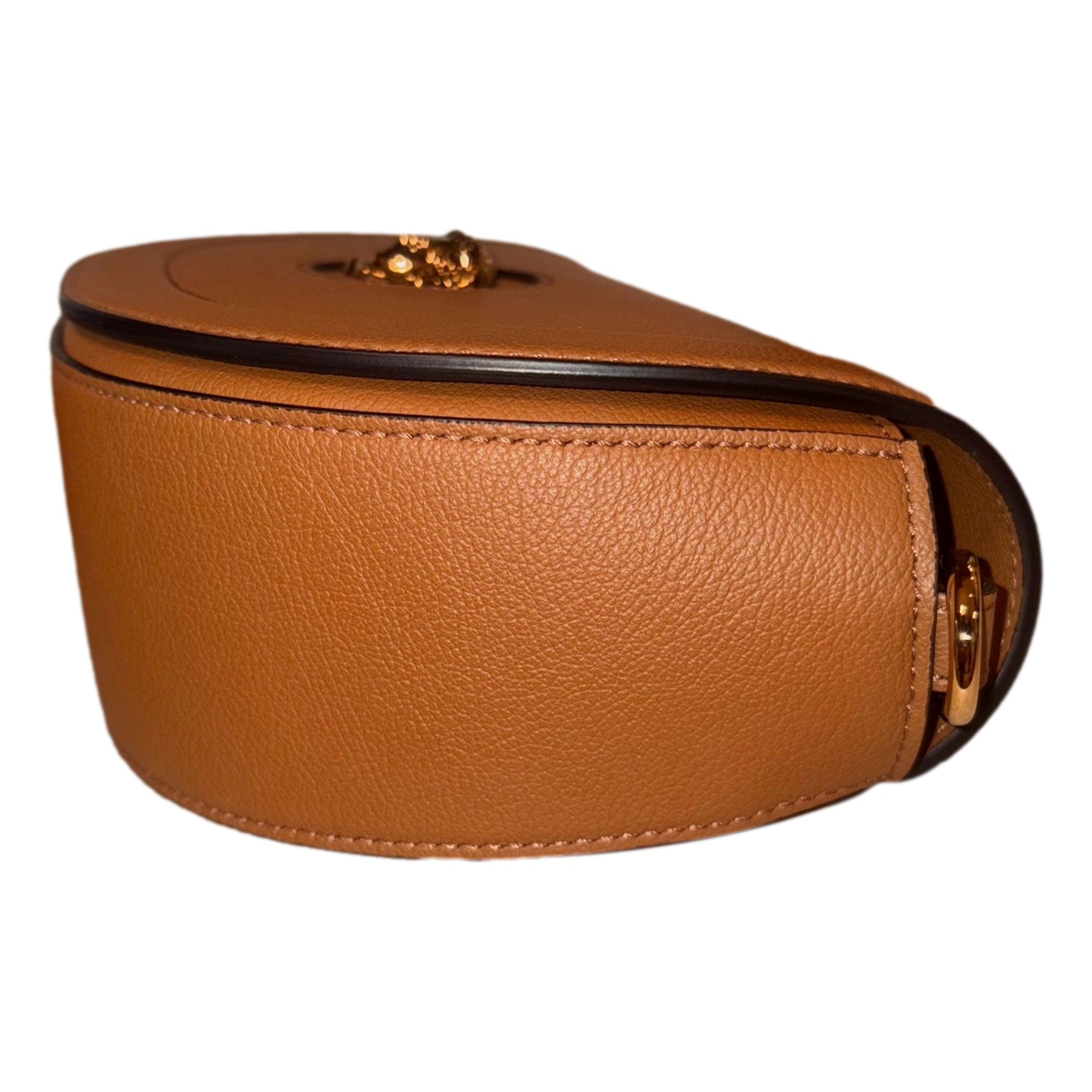 Versace Half-Moon La Medusa Vitello Leather Summer Nude Brown Crossbody Handbag available at Queen Bee of Beverly Hills