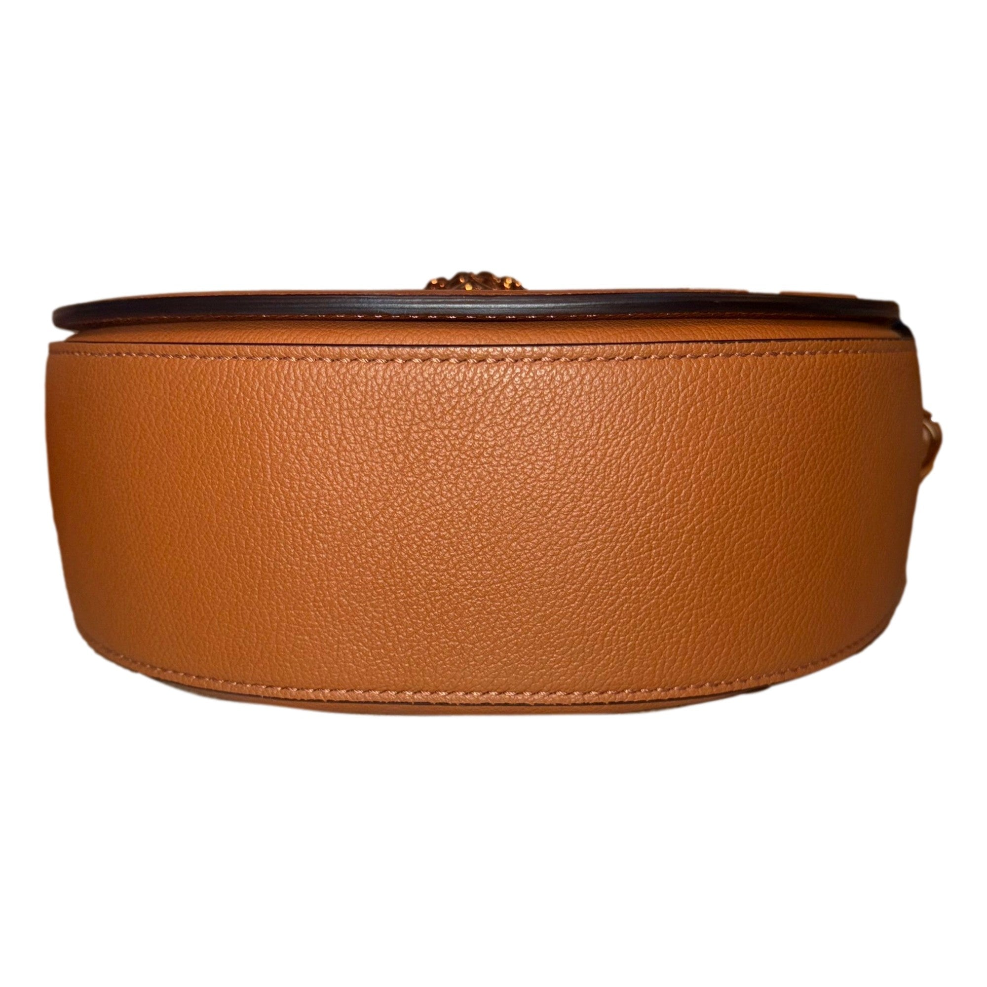 Versace Half-Moon La Medusa Vitello Leather Summer Nude Brown Crossbody Handbag available at Queen Bee of Beverly Hills