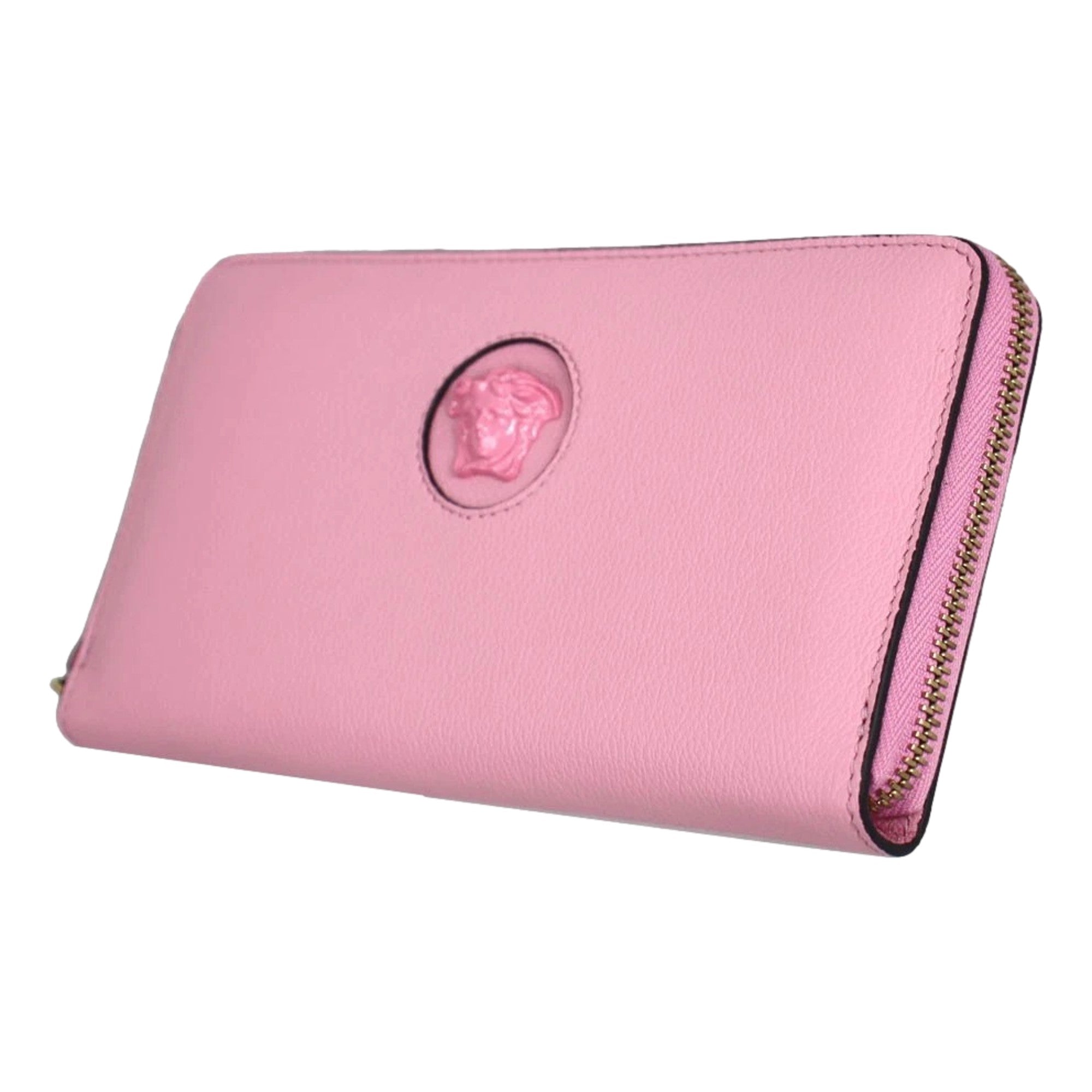 Versace La Medusa Baby Pink Long Zip Around Wallet available at Queen Bee of Beverly Hills