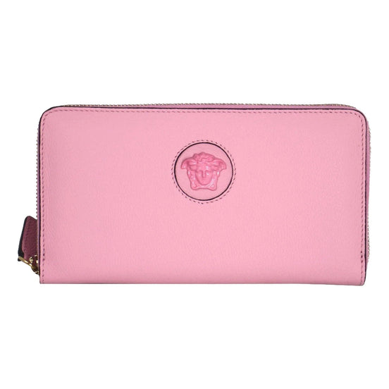 Versace La Medusa Baby Pink Long Zip Around Wallet available at Queen Bee of Beverly Hills