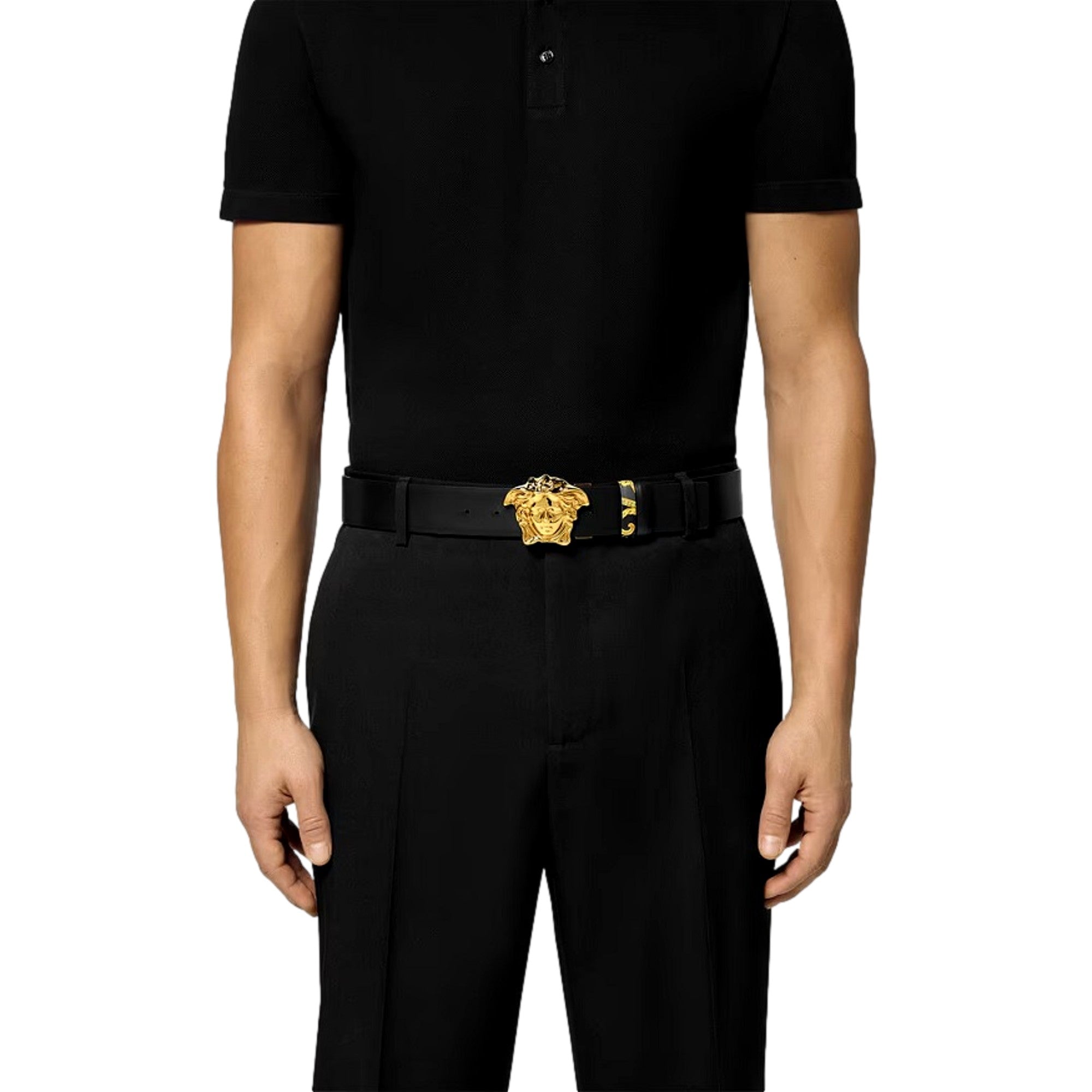 Versace La Medusa Baroque Reversible Calfskin Belt 80/32 available at Queen Bee of Beverly Hills