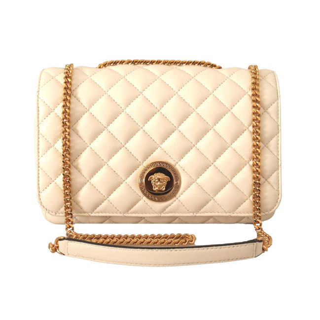 Versace La Medusa Beige Quilted Lamb Leather Large Shoulder Bag available at Queen Bee of Beverly Hills