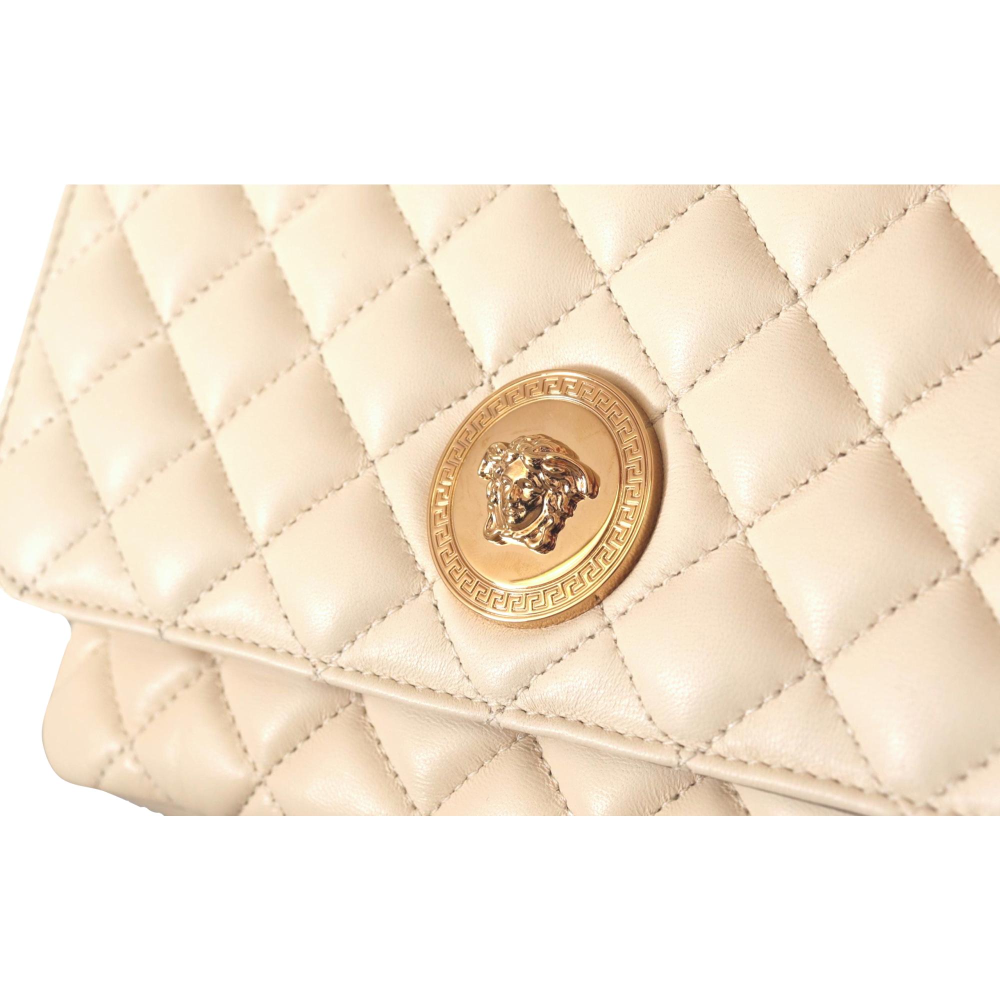 Versace La Medusa Beige Quilted Lamb Leather Large Shoulder Bag available at Queen Bee of Beverly Hills