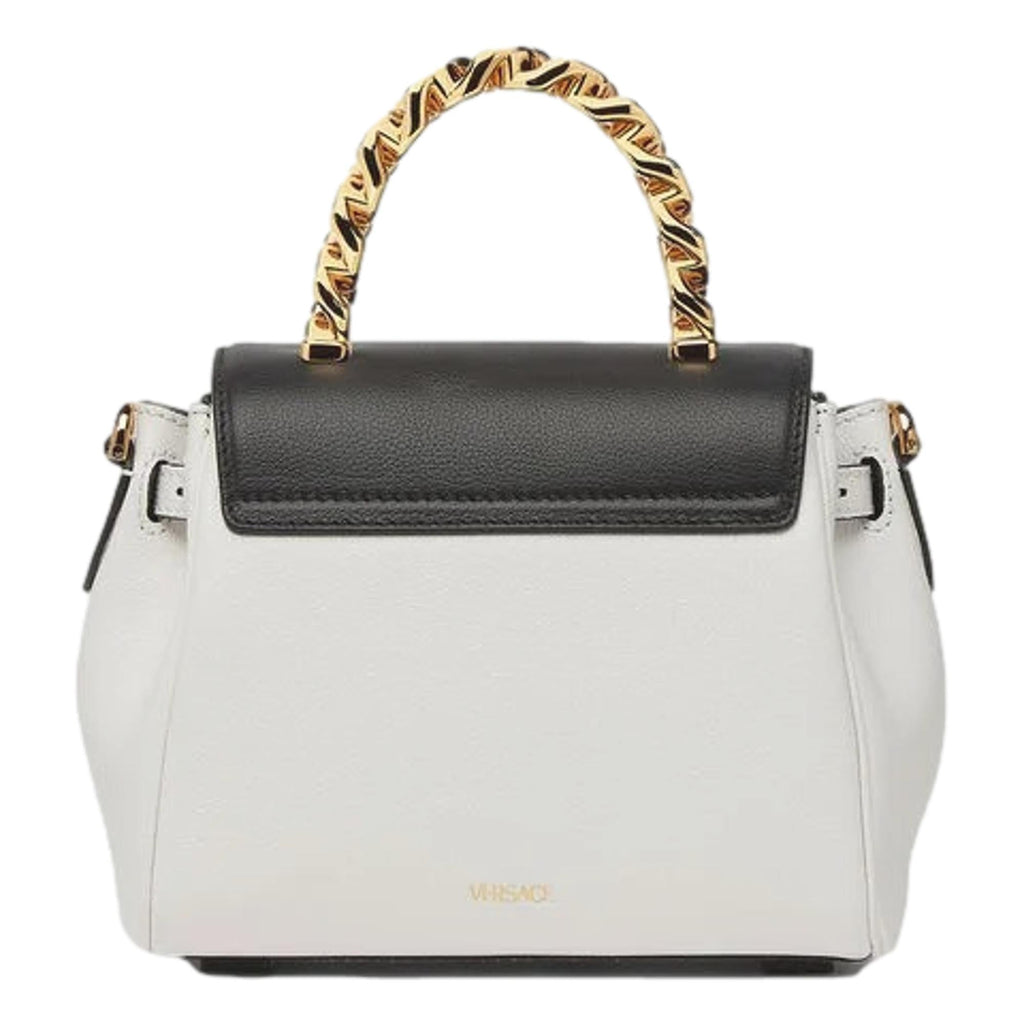 Versace La Medusa Black and White Calf Leather Satchel Crossbody Bag at_Queen_Bee_of_Beverly_Hills