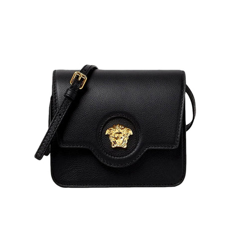 Versace La Medusa Black Pebbled Leather Crossbody Bag at_Queen_Bee_of_Beverly_Hills