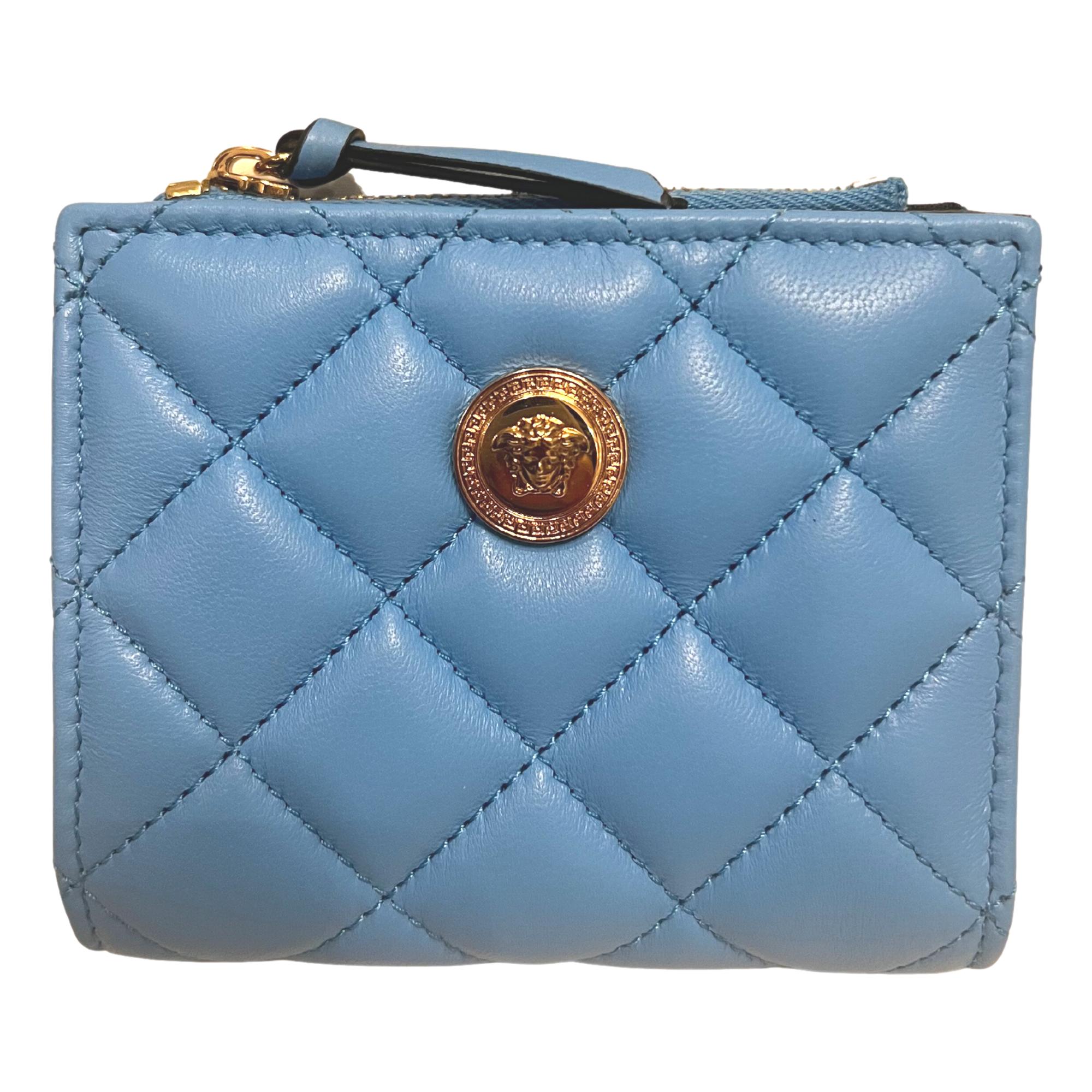 Versace La Medusa Blue Quilted Lamb Leather Compact Snap Wallet available at Queen Bee of Beverly Hills
