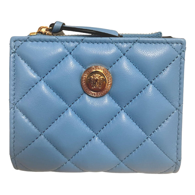 Versace La Medusa Blue Quilted Lamb Leather Compact Snap Wallet available at Queen Bee of Beverly Hills