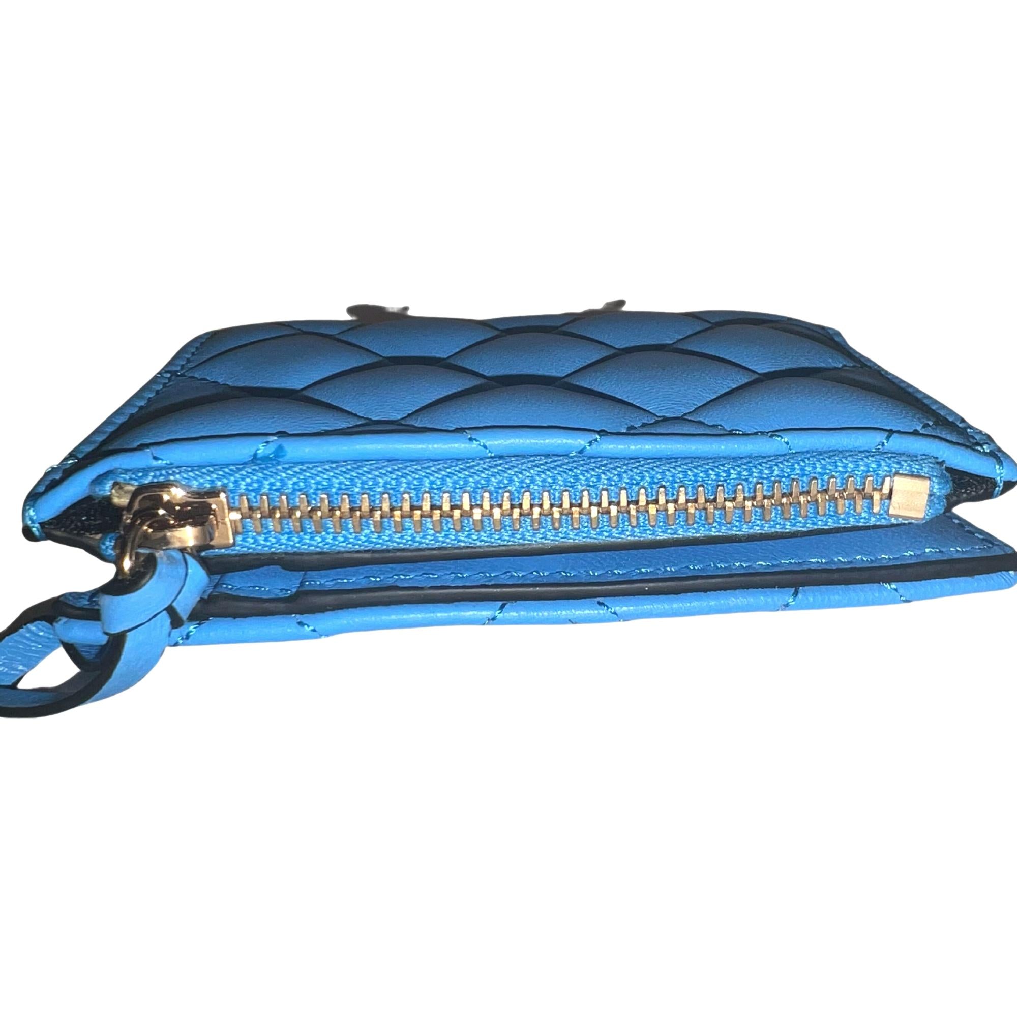 Versace La Medusa Blue Quilted Lamb Leather Compact Snap Wallet available at Queen Bee of Beverly Hills