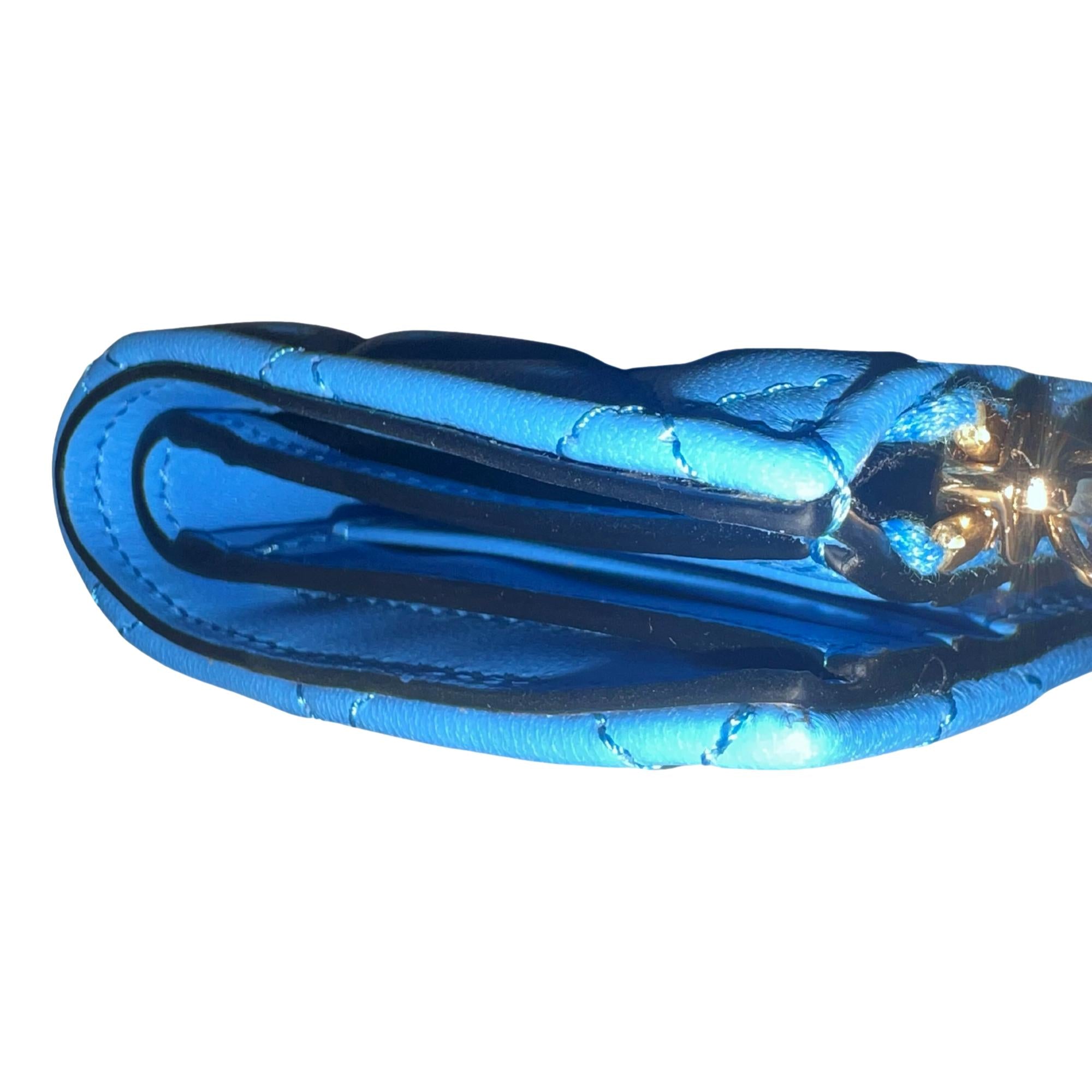 Versace La Medusa Blue Quilted Lamb Leather Compact Snap Wallet available at Queen Bee of Beverly Hills