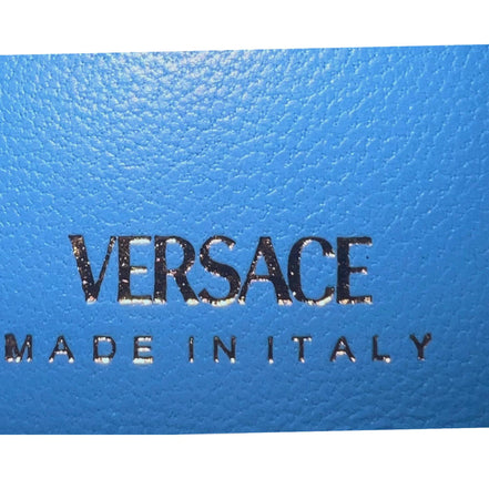Versace La Medusa Blue Quilted Lamb Leather Compact Snap Wallet available at Queen Bee of Beverly Hills