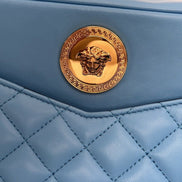 Versace La Medusa Blue Quilted Lamb Leather Medium Crossbody Bag available at Queen Bee of Beverly Hills
