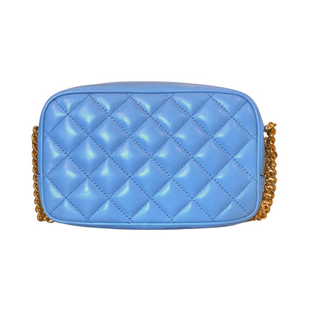 Versace La Medusa Blue Quilted Small Camera Crossbody Bag available at Queen Bee of Beverly Hills