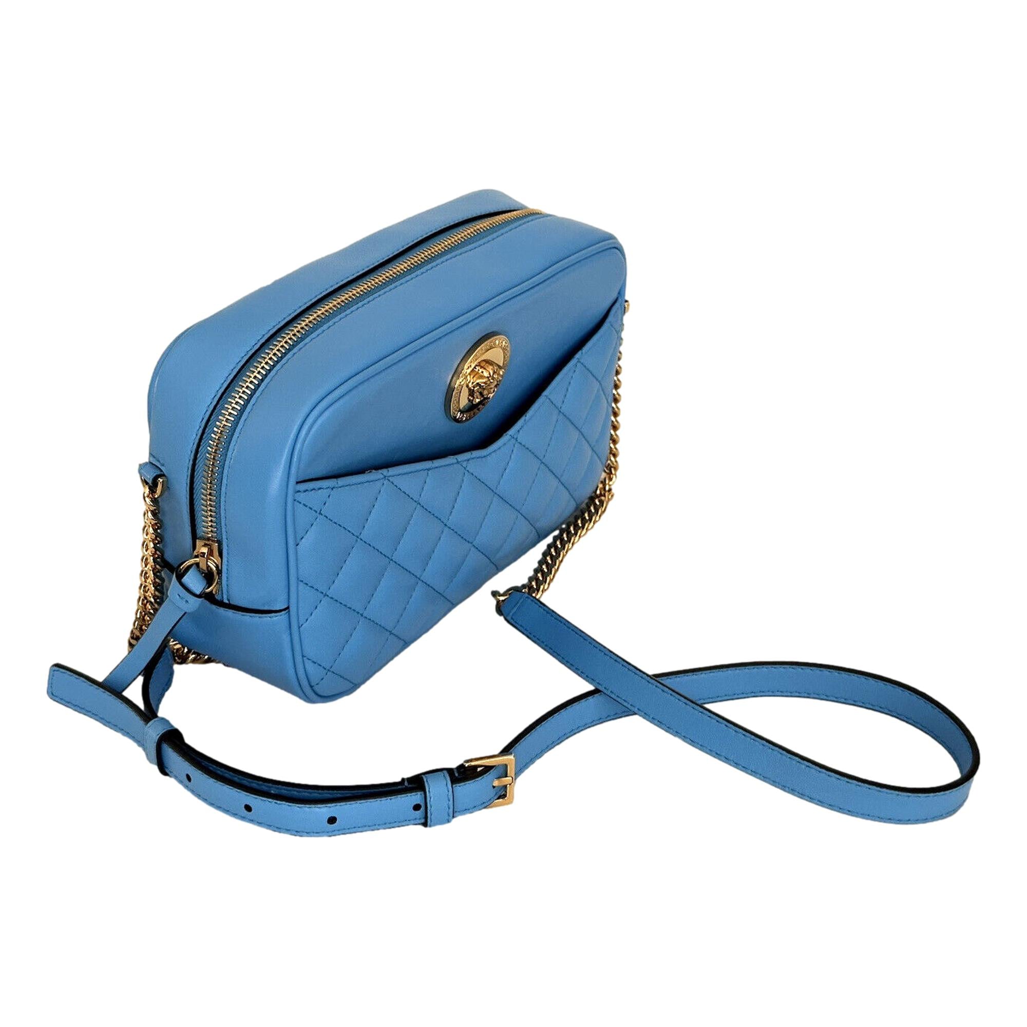 Versace La Medusa Blue Quilted Small Camera Crossbody Bag available at Queen Bee of Beverly Hills