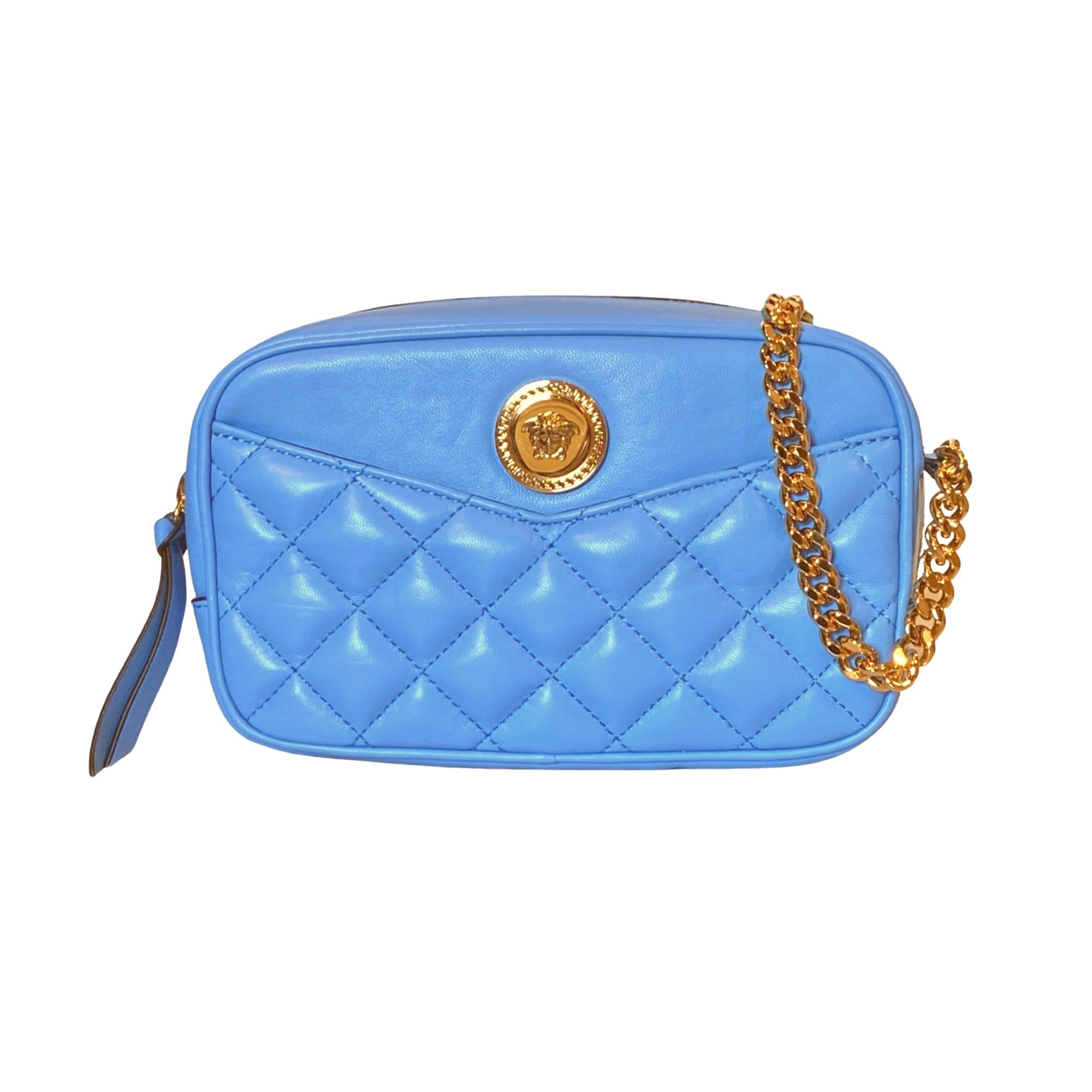 Versace La Medusa Blue Quilted Small Camera Crossbody Bag available at Queen Bee of Beverly Hills