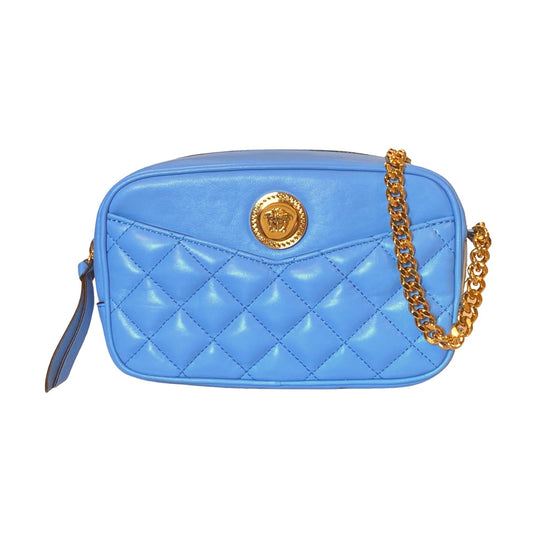 Versace La Medusa Blue Quilted Small Camera Crossbody Bag available at Queen Bee of Beverly Hills