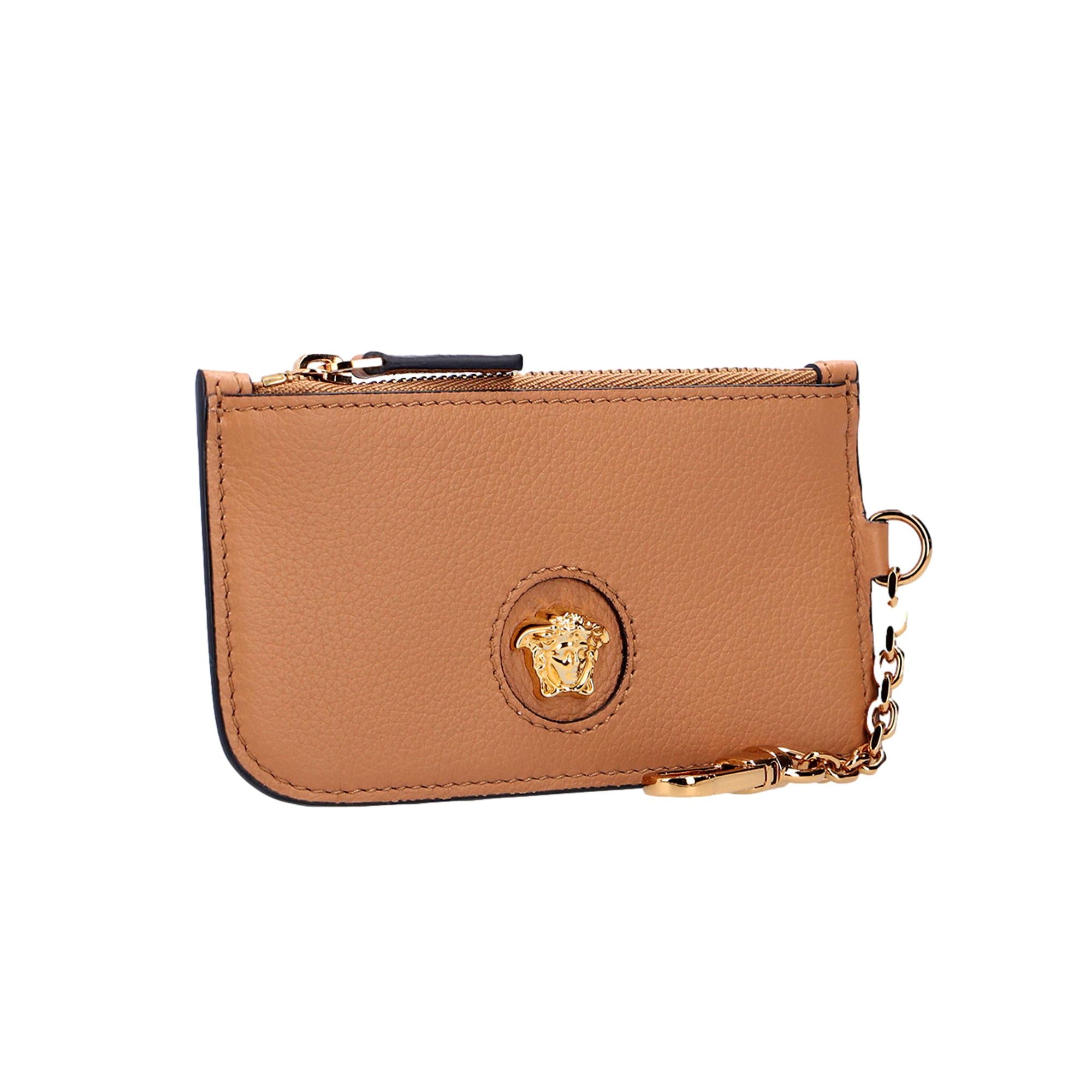Versace La Medusa Caramel Vitello Card Case Key Chain Queen Bee