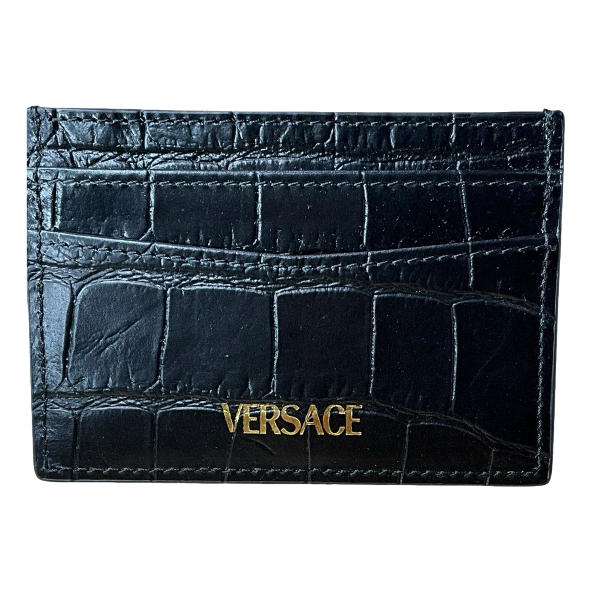 Versace La Medusa Crocodile Embossed Leather Cardholder Wallet in Black - available at Queen Bee of Beverly Hills. 