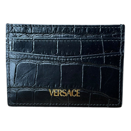 Versace La Medusa Crocodile Embossed Leather Cardholder Wallet in Black - available at Queen Bee of Beverly Hills. 