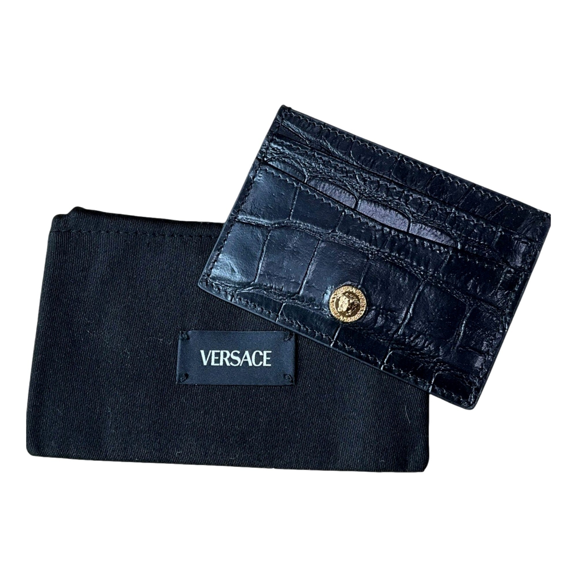 Versace La Medusa Crocodile Embossed Leather Cardholder Wallet in Black - available at Queen Bee of Beverly Hills. 