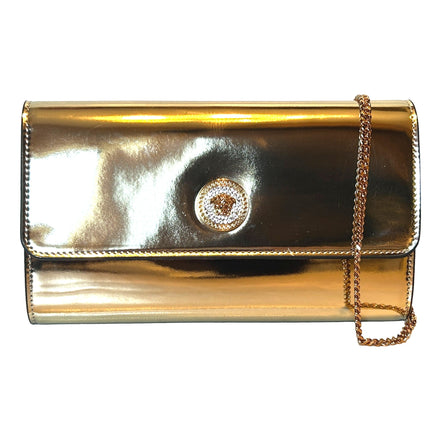 Versace La Medusa Crystal Clutch Crossbody Bag Metallic Gold Leather available at Queen Bee of Beverly Hills