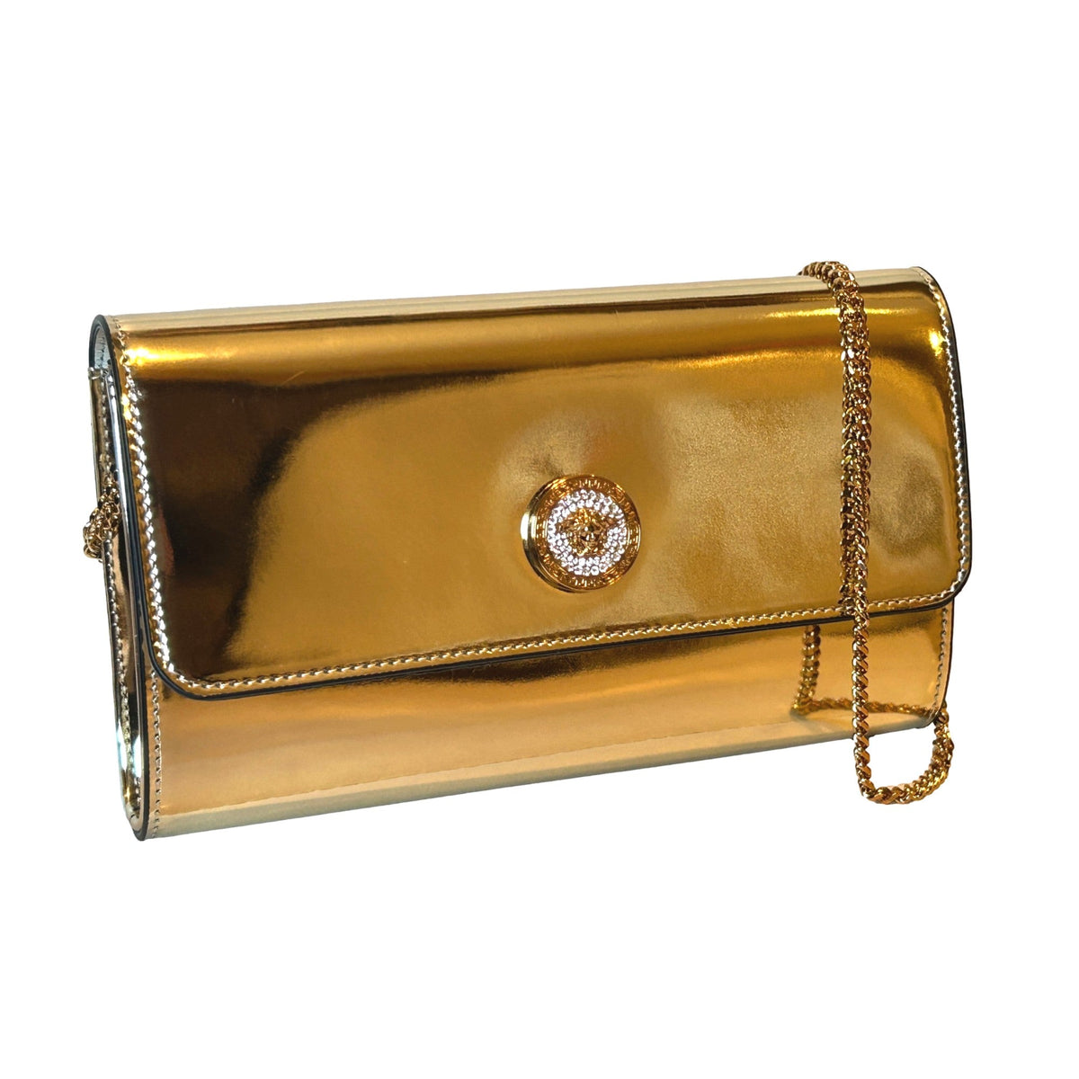 Versace La Medusa Crystal Clutch Crossbody Bag Metallic Gold Leather available at Queen Bee of Beverly Hills
