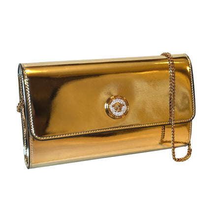 Versace La Medusa Crystal Clutch Crossbody Bag Metallic Gold Leather available at Queen Bee of Beverly Hills