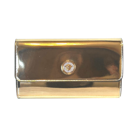 Versace La Medusa Crystal Clutch Crossbody Bag Metallic Gold Leather available at Queen Bee of Beverly Hills