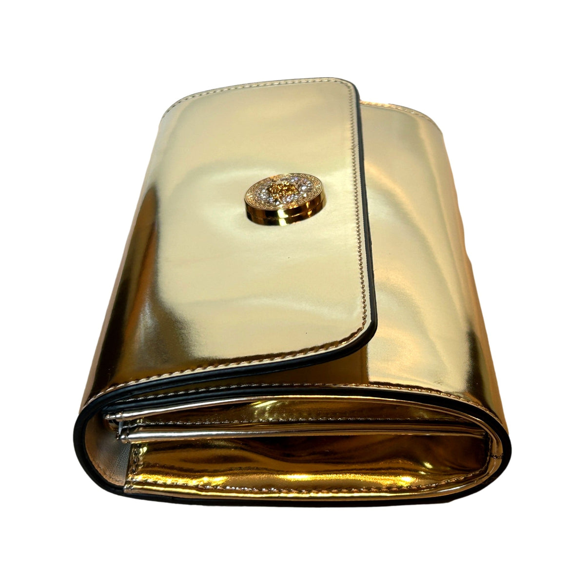 Versace La Medusa Crystal Clutch Crossbody Bag Metallic Gold Leather available at Queen Bee of Beverly Hills