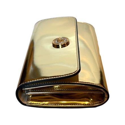 Versace La Medusa Crystal Clutch Crossbody Bag Metallic Gold Leather available at Queen Bee of Beverly Hills