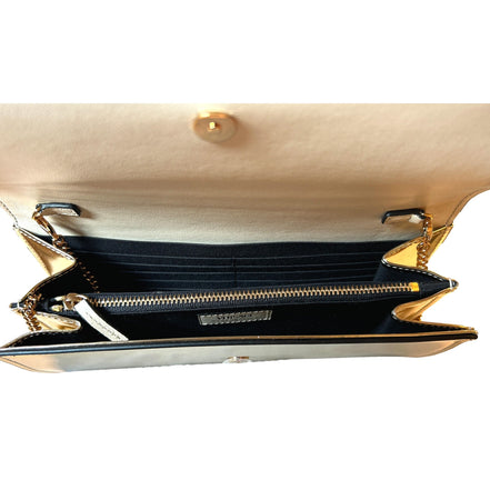 Versace La Medusa Crystal Clutch Crossbody Bag Metallic Gold Leather available at Queen Bee of Beverly Hills