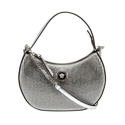Versace La Medusa Crystal Half Moon Hobo Shoulder Crossbody Bag Silver available at Queen Bee of Beverly Hills