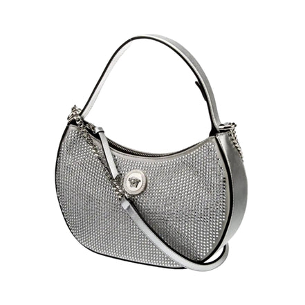 Versace La Medusa Crystal Half Moon Hobo Shoulder Crossbody Bag Silver available at Queen Bee of Beverly Hills