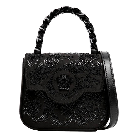 Versace La Medusa Crystal Mini Top Handle Tote Crossbody Black Silk available at Queen Bee of Beverly Hills