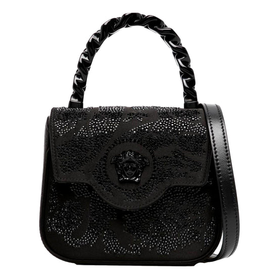 Versace La Medusa Crystal Mini Top Handle Tote Crossbody Black Silk available at Queen Bee of Beverly Hills