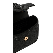 Versace La Medusa Crystal Mini Top Handle Tote Crossbody Black Silk available at Queen Bee of Beverly Hills