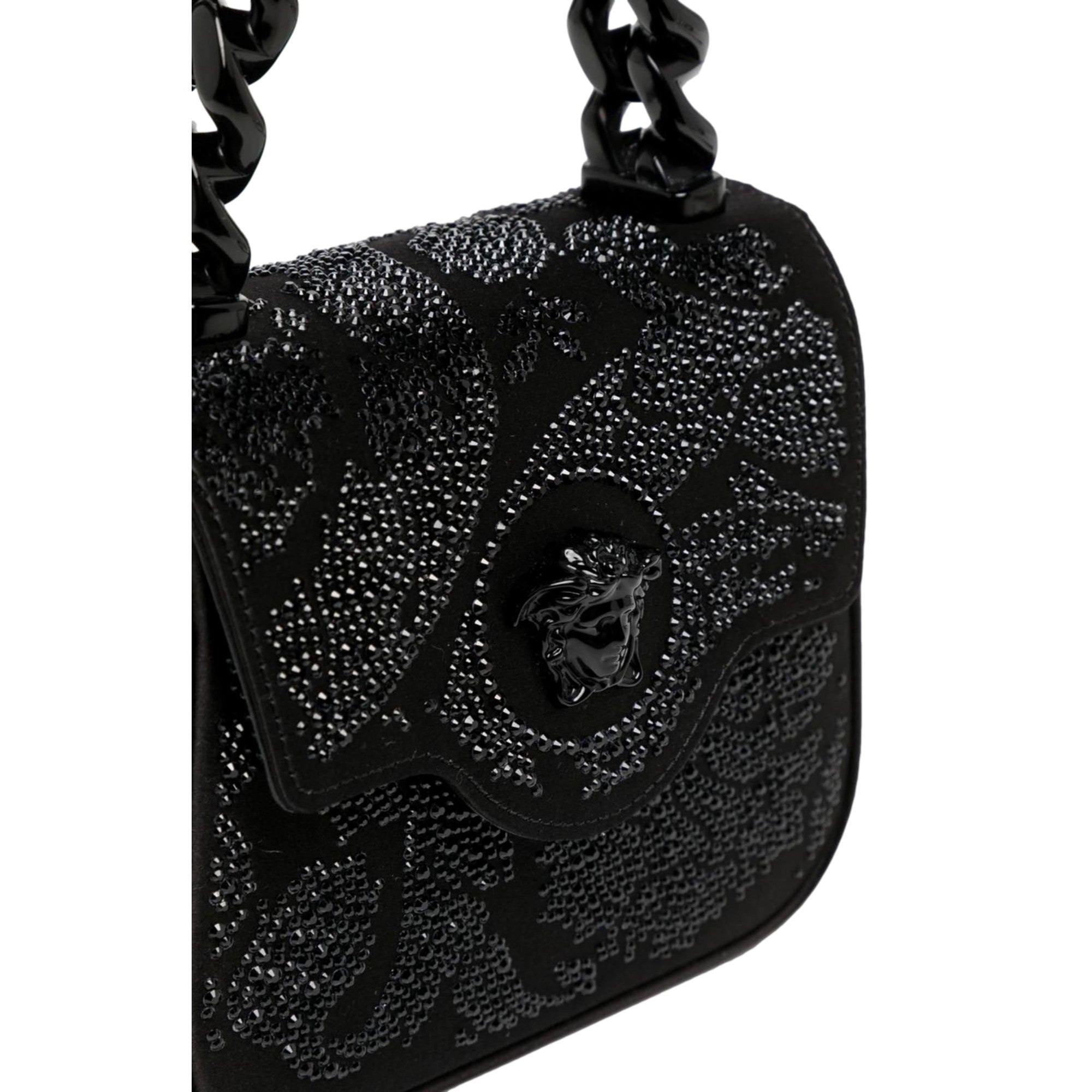 Versace La Medusa Crystal Mini Top Handle Tote Crossbody Black Silk available at Queen Bee of Beverly Hills
