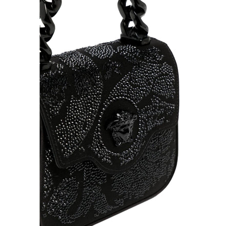 Versace La Medusa Crystal Mini Top Handle Tote Crossbody Black Silk available at Queen Bee of Beverly Hills