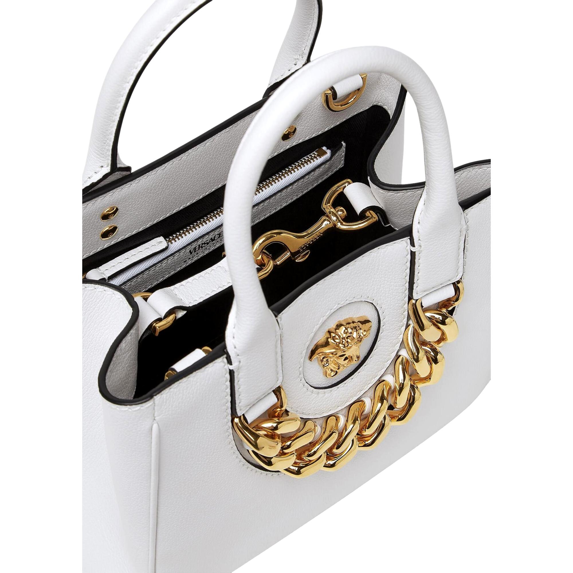 Versace La Medusa Gold Plaque White Leather Small Crossbody Tote Bag available at Queen Bee of Beverly Hills