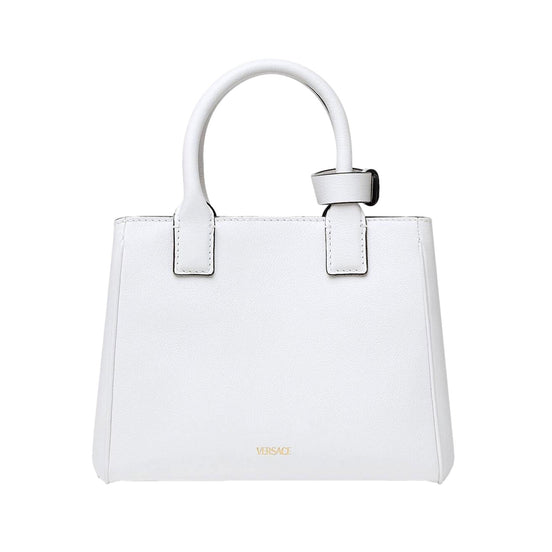 Versace La Medusa Gold Plaque White Leather Small Crossbody Tote Bag available at Queen Bee of Beverly Hills