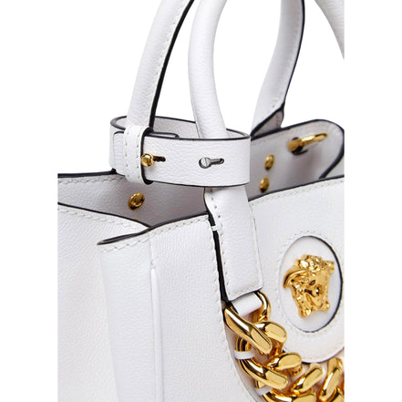 Versace La Medusa Gold Plaque White Leather Small Crossbody Tote Bag available at Queen Bee of Beverly Hills