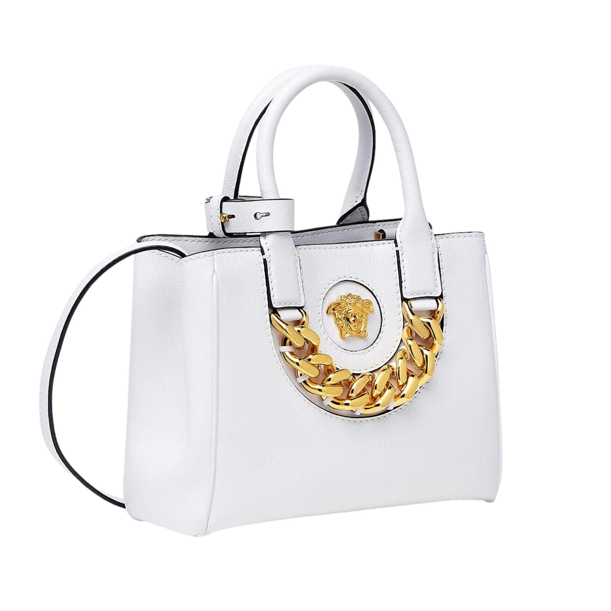 Versace La Medusa Gold Plaque White Leather Small Crossbody Tote Bag available at Queen Bee of Beverly Hills