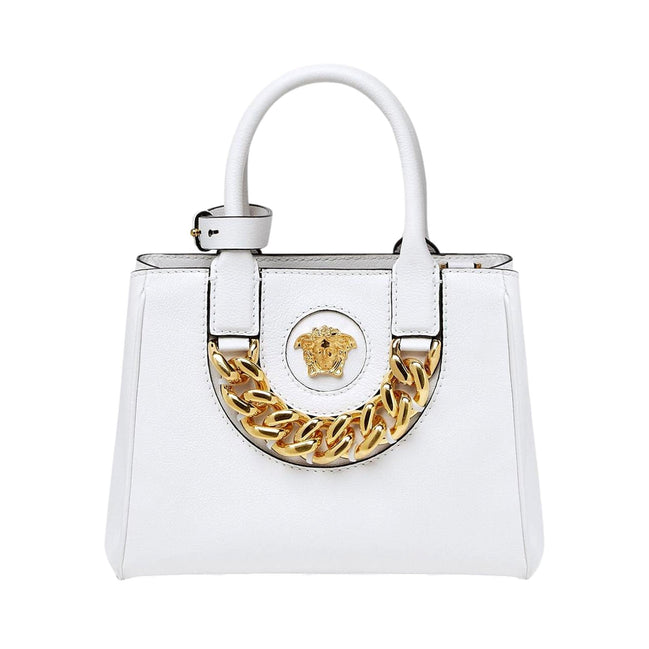 Versace La Medusa Gold Plaque White Leather Small Crossbody Tote Bag available at Queen Bee of Beverly Hills